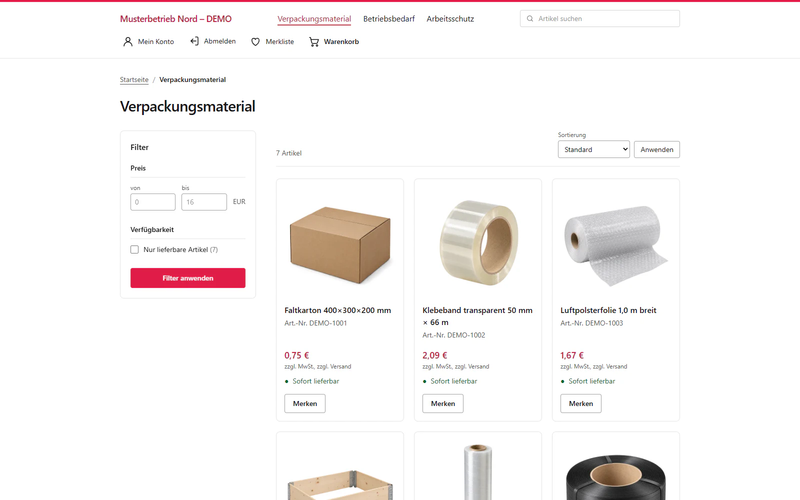 Kategorieansicht im red.Shop für einen angemeldeten Händler: Artikel mit Nettopreisen, Verfügbarkeit und Filter.
